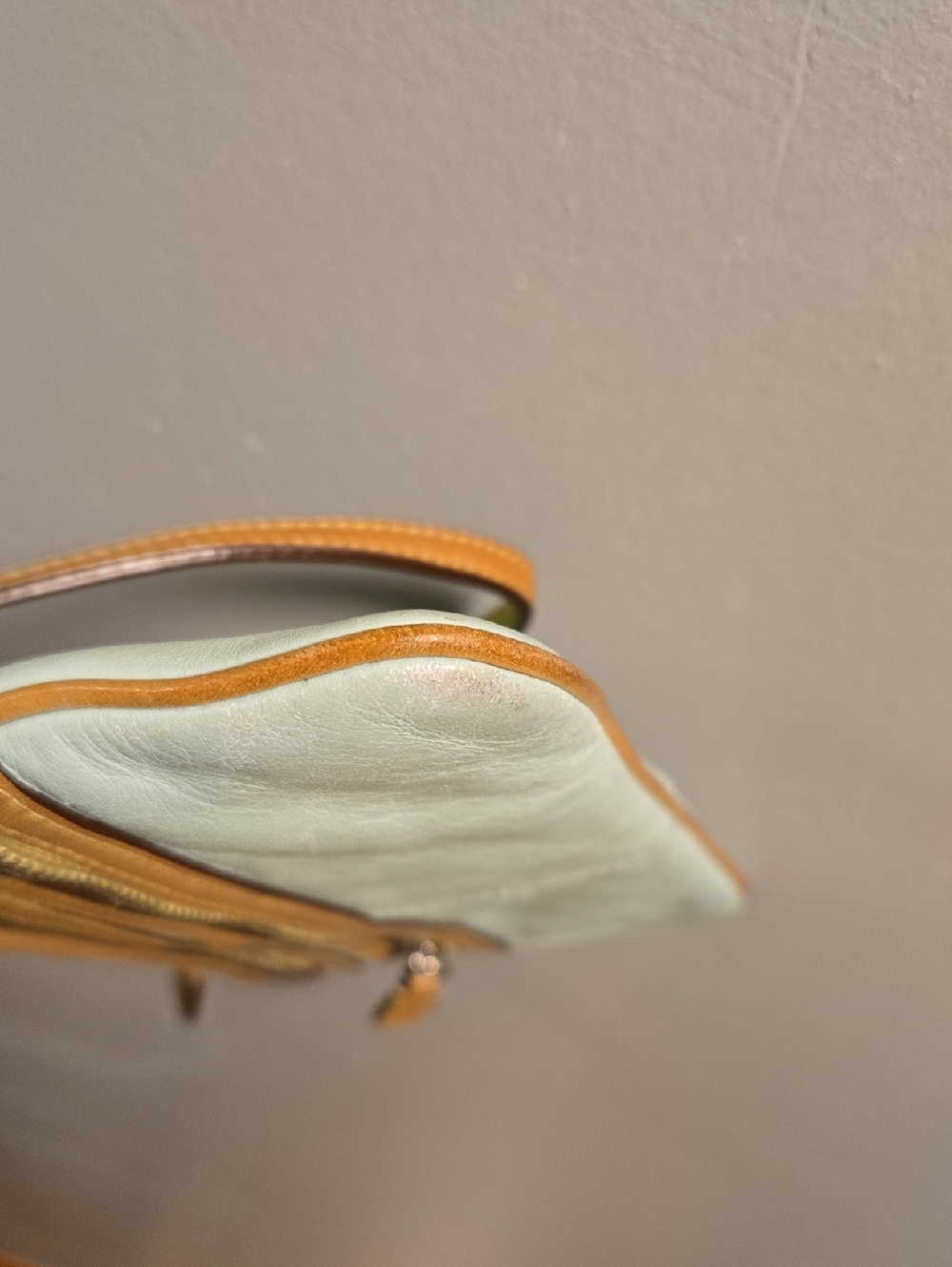 COACH Two-Tone Leather Wristlet- Blue, Green and Tan - Picture 9 of 11